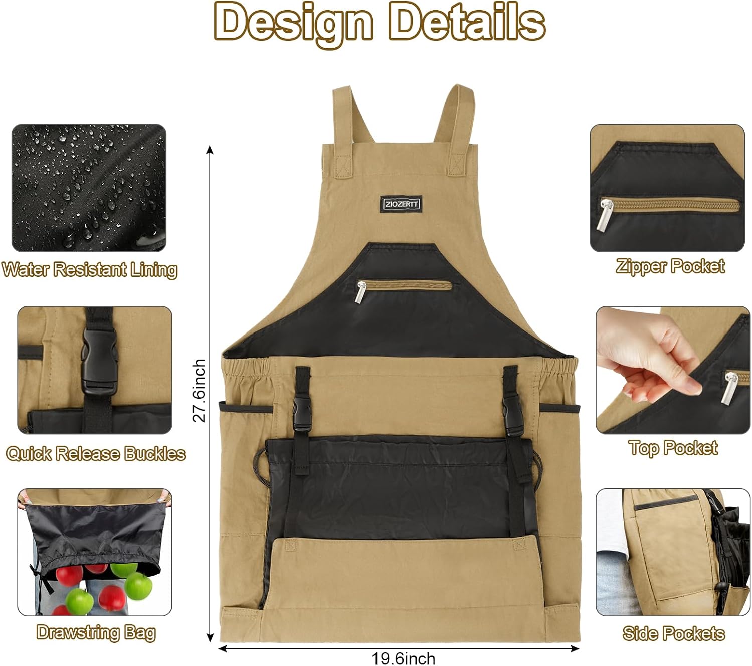 Garden Apron,Harvest Aprons with Drawstring Bag and Pockets for Women and Men,Canvas Fruit Picking Apron