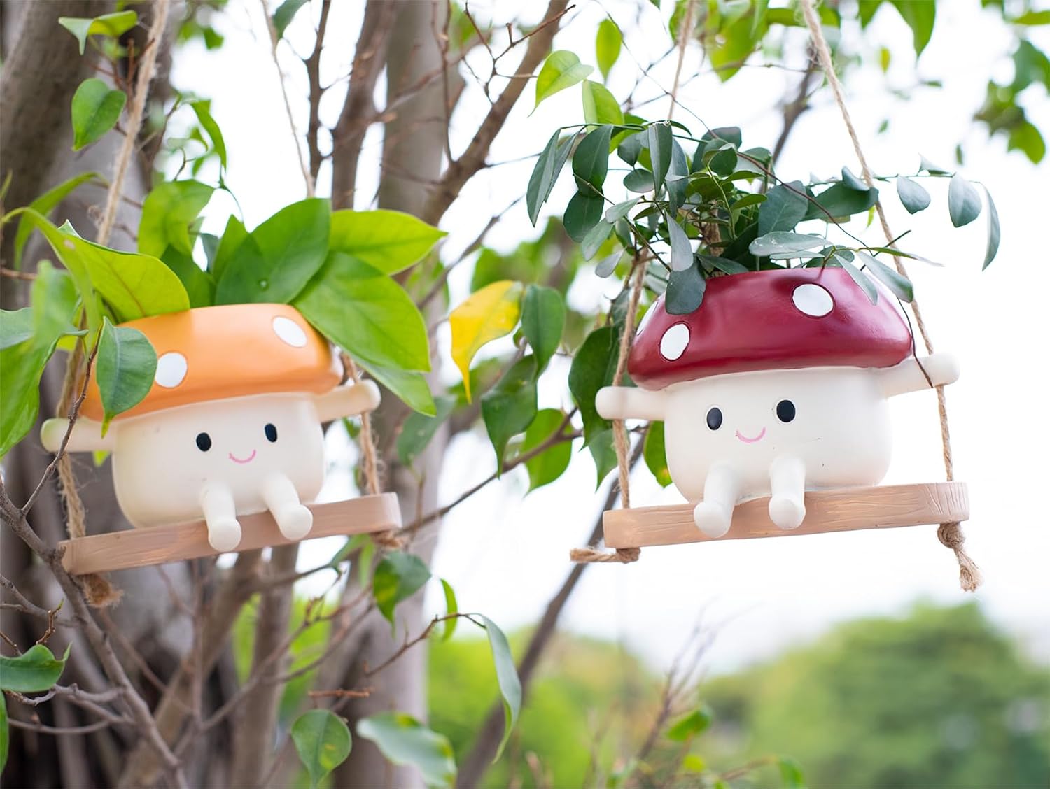 2pcs Mushroom Smily Swing Face Planter Pot Resin (Red&Yellow) | Cute Hanging Resin Flower Head Planter for Indoor