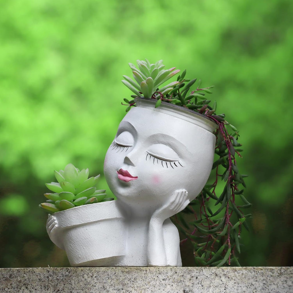 Face Planter Pot, 2-in-1 Resin Head Planter with Mini Pot, Cute Lady Flower Pots with Drainage for Indoor Outdoor