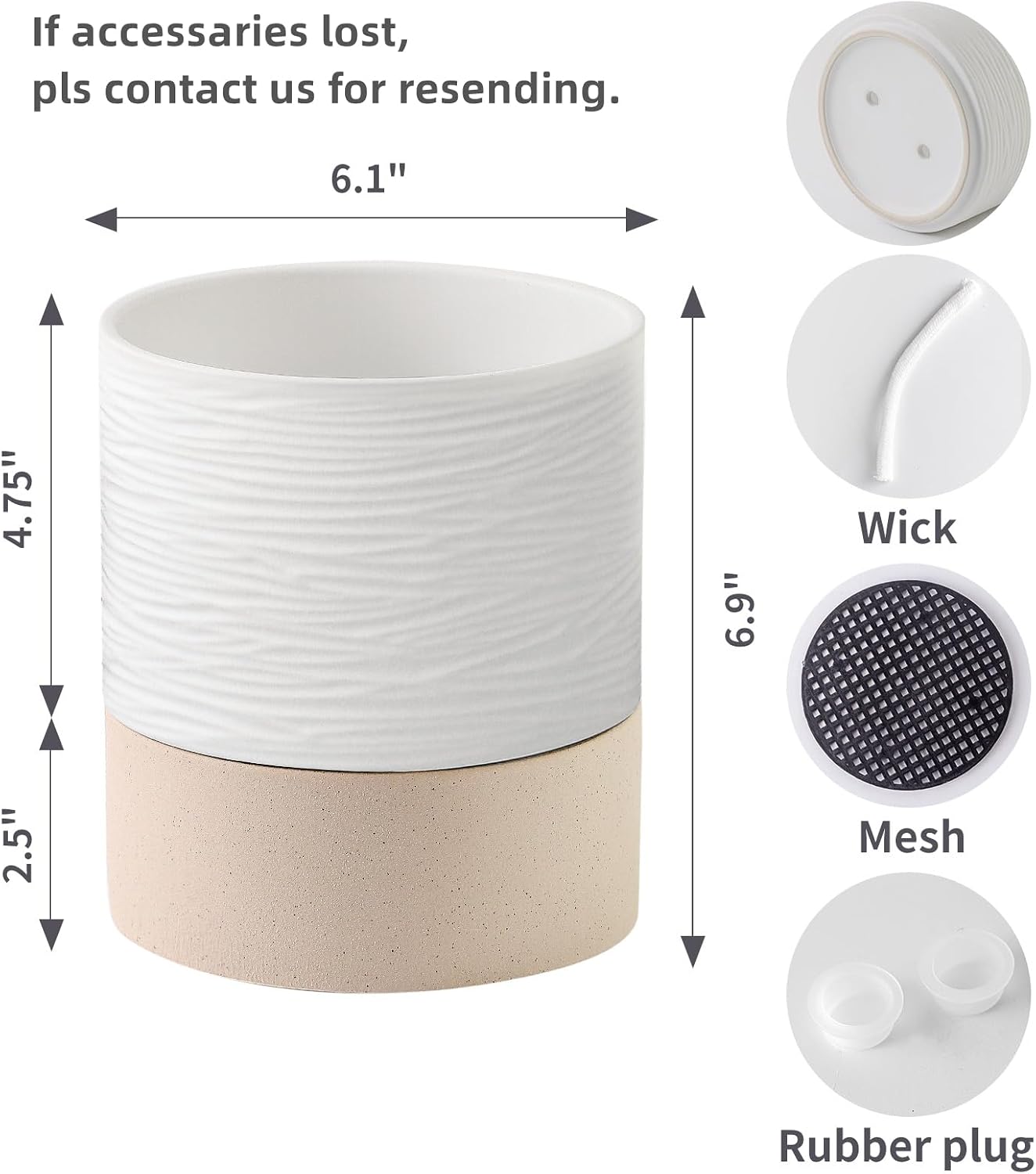 Nihow Ceramic Self Watering Plant Pot for Indoor Plants,6 Inch,White | Planter with Cotton Wick, Drainage Hole & Water