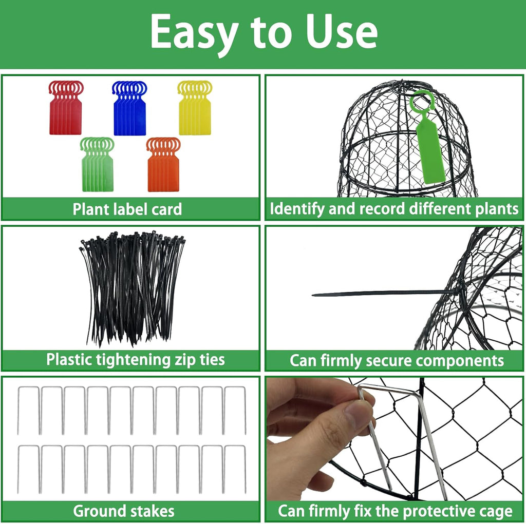 6 PCS 17.7"H X11.42"D Chicken Wire Plant Covers Protectors, Rustproof Heavy Duty Metal Plant Cage with Stakes & Labels