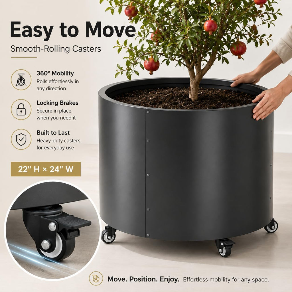 2 Pack Rolling Planter for Tree,Large Metal Tree Pots for Outdoor | 22"x 24" Round Planter Box with 4 Drainage Holes &