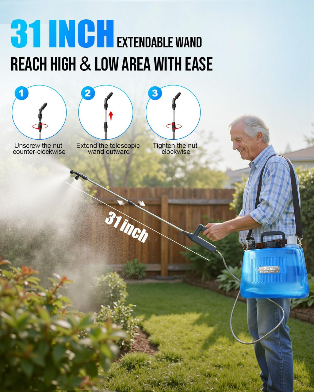 Battery Powered Sprayer 2 Gallon, Electric Weed Sprayer with 3 Adjustable Pressure Levels, 4 Nozzles & Extendable Wand