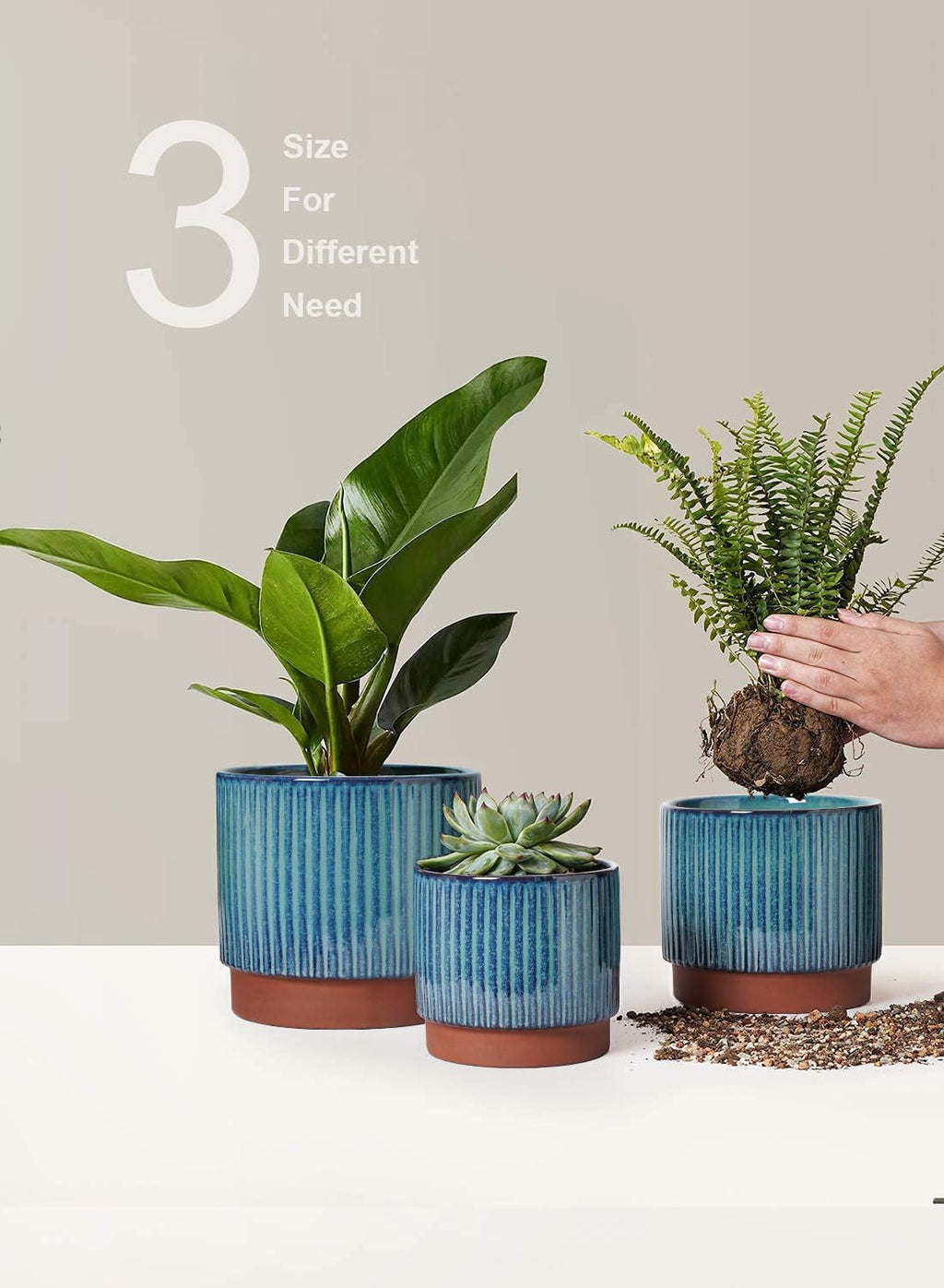 LE TAUCI Ceramic Plant Pots with Drainage Holes, Set of 3, 8+6.7+5.5 Inch Stripe Garden Planter Pots for Outdoor Indoor
