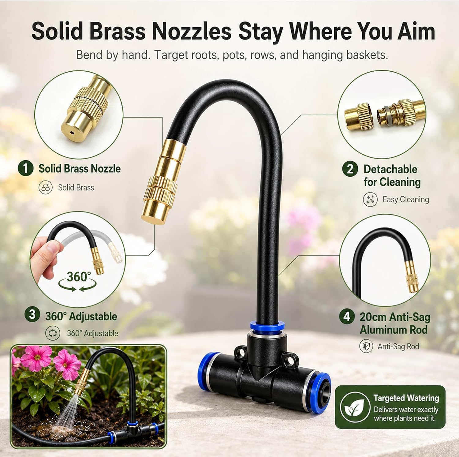 5/16" Drip Irrigation System 200 ft with 40-Pcs 360° Adjustable Copper Nozzles, Automatic Misting Watering System for