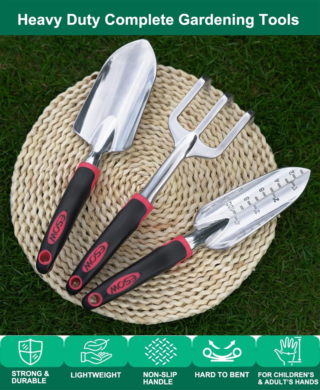 Garden Tool Set 3 Pc, Cast-Aluminum Heavy Duty - Trowel, Rake, Red | Non-slip rubber handle, ergonomic. Rustproof