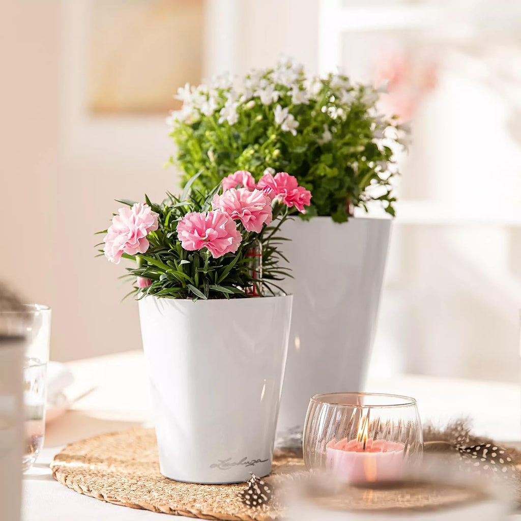 Lechuza MINI-DELTINI Cream White High Gloss, Self-Watering Small Indoor Planter, H5.1 L3.9 W3.9, 0.4L in