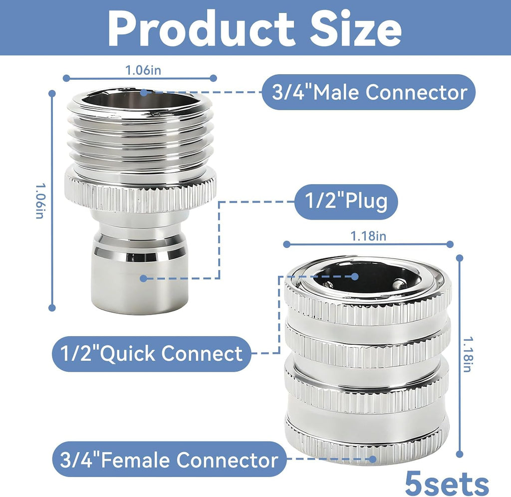 5 Pack 2026 New Stainless Steel Garden Hose Quick Connect Fittings, Quick Release Connect Fitting sets, 1/2 to 3/4 Inch