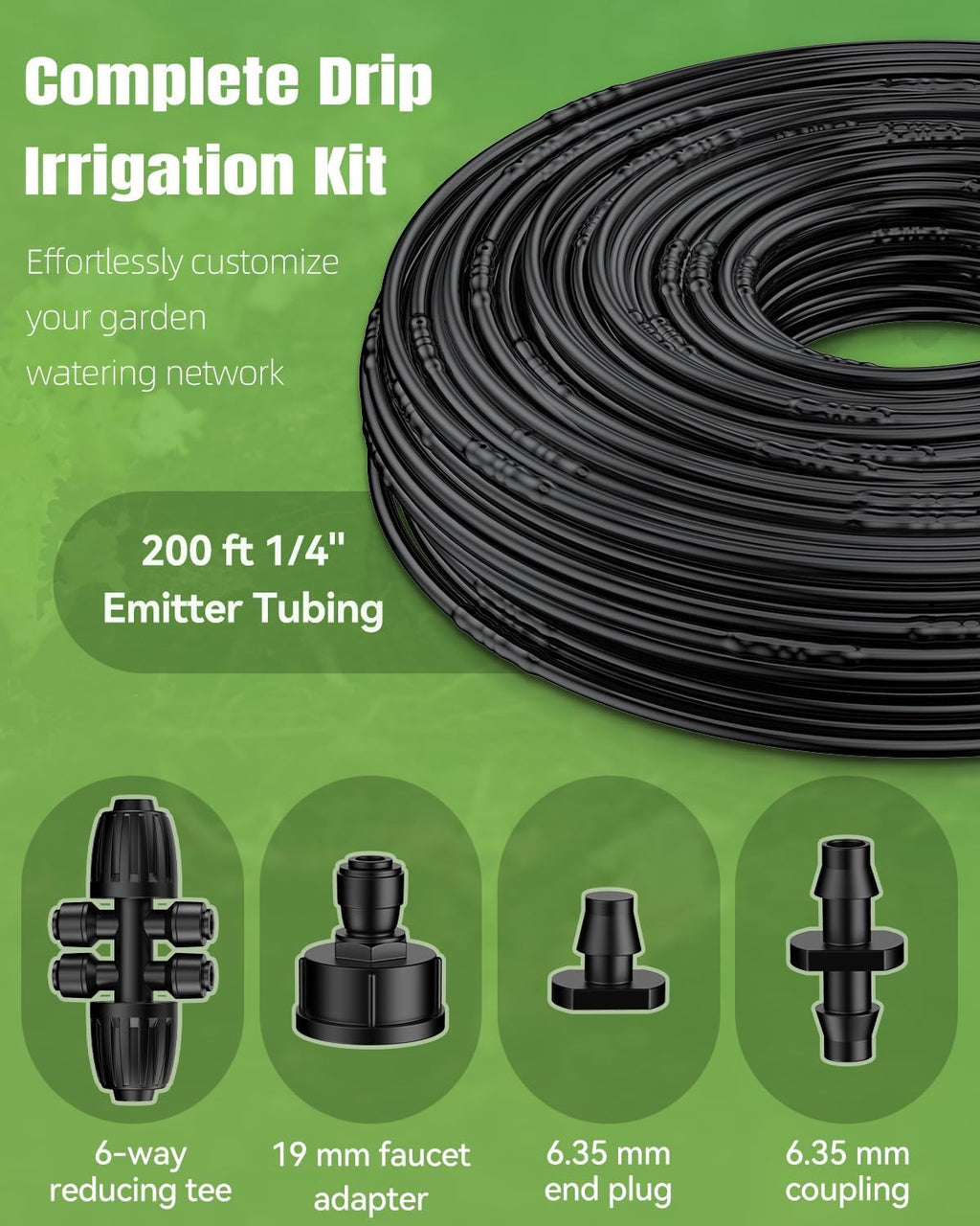 Pawfly 200 ft 1/4 Drip Irrigation Tubing, 1/4" Emitter Tubing with 6" Spacing, Polyethylene Drip Line with 24 Parts