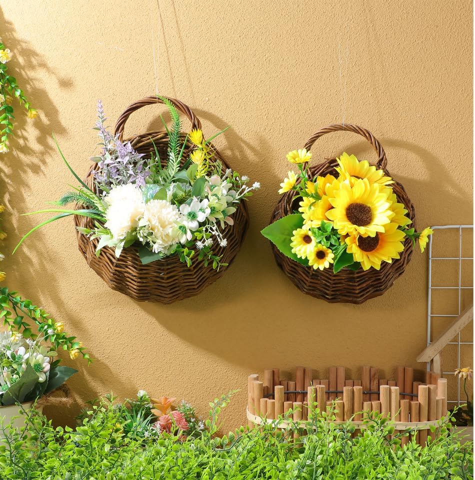 UPKOCH Natural Hanging Wicker Wall Baskets for Plants, 2 Pack | Planter Pockets, Two-Size Hanging Set for Home Walls