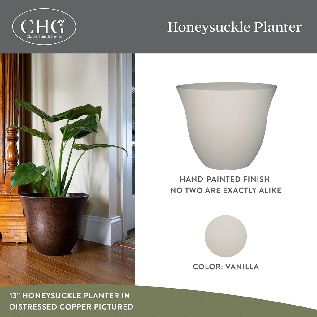 Honeysuckle Resin Planter, Durable Garden Pot, 13" Vanilla White | Hand-Painted Finish Plant Pots, Lightweight Indoor