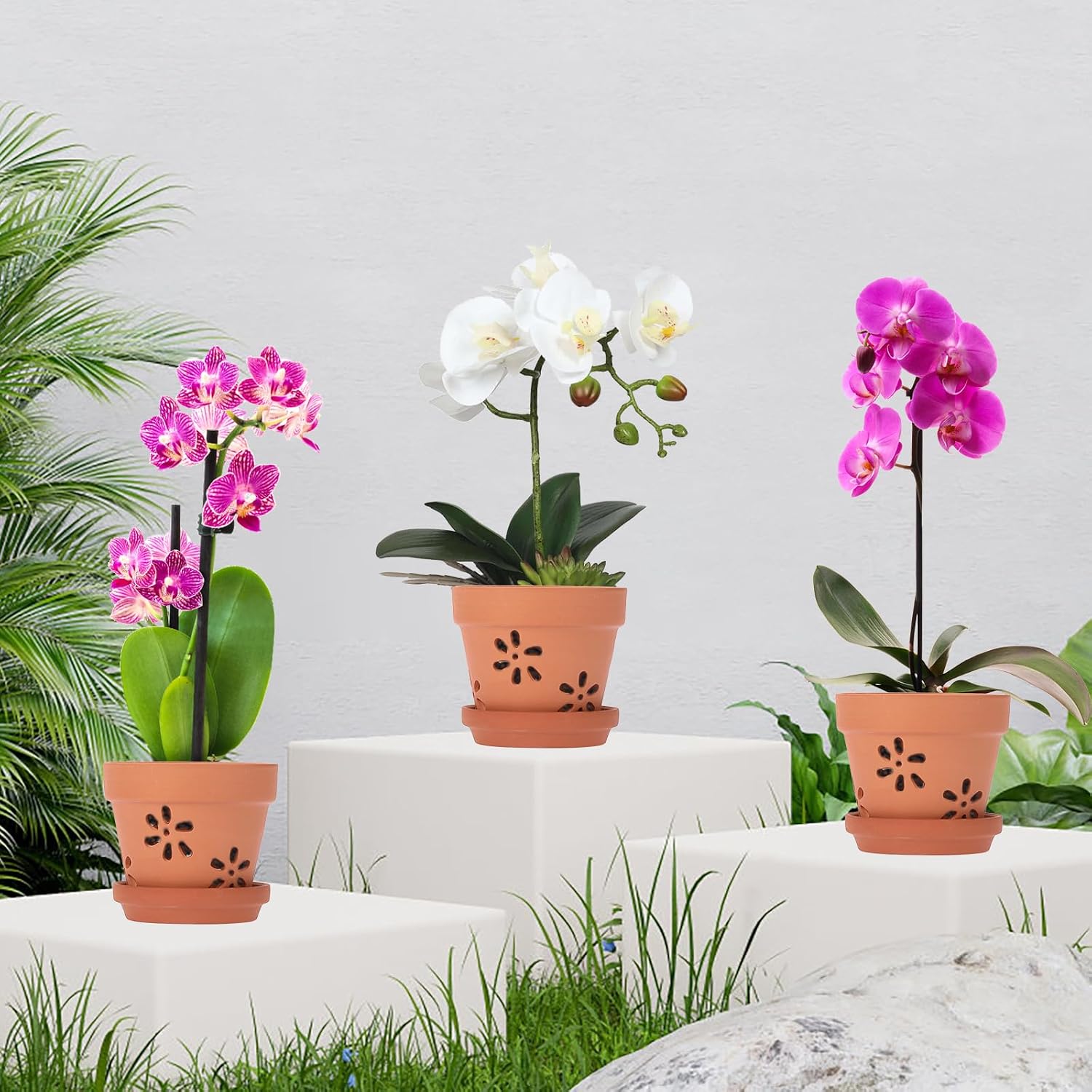 JUXYES Small 4" Hollowed Out Terracotta Orchid Pots with Holes and Saucer | 6 Pack Natural Rustic Clay Planter Pots for