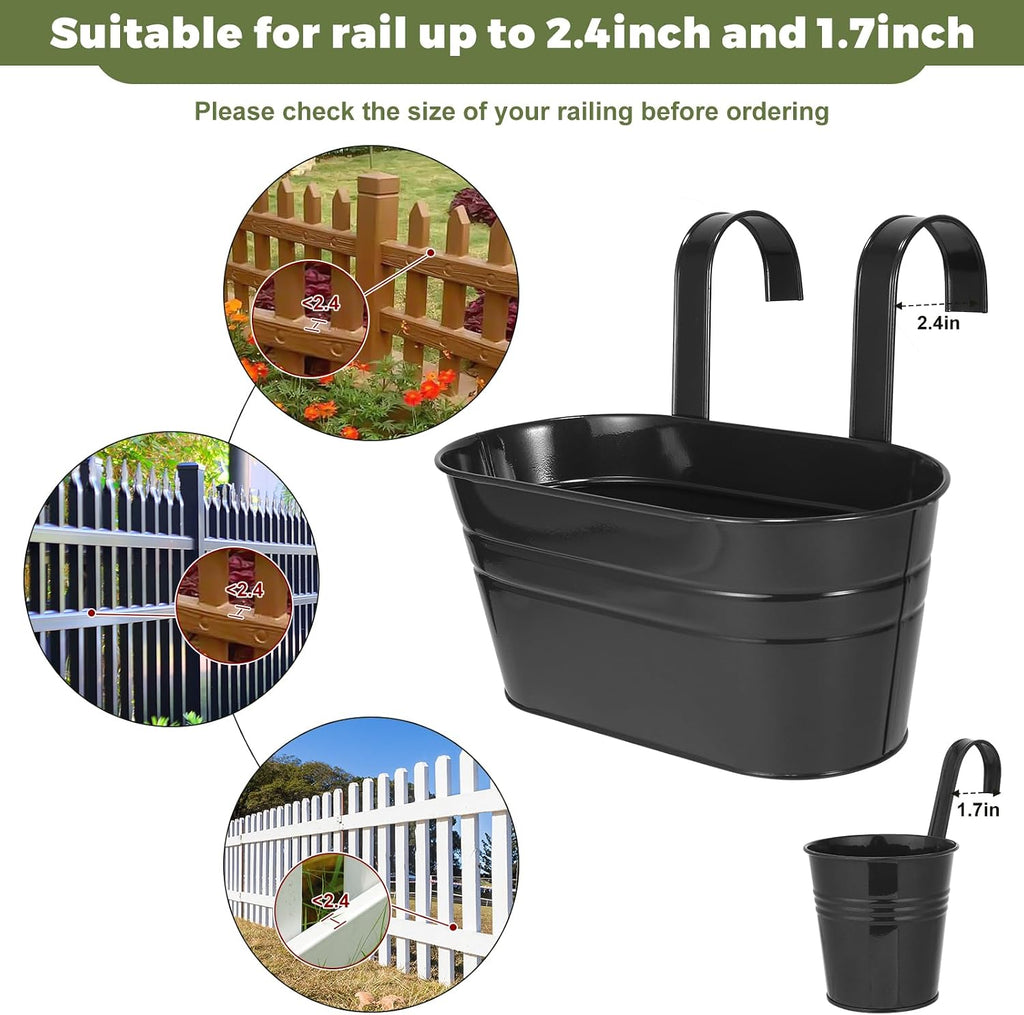 3 Different Size Metal Iron Hanging Flower Pots 10 Pcs for Outdoor Plants Metal Hanging Bucket Pots Iron Railing Fence