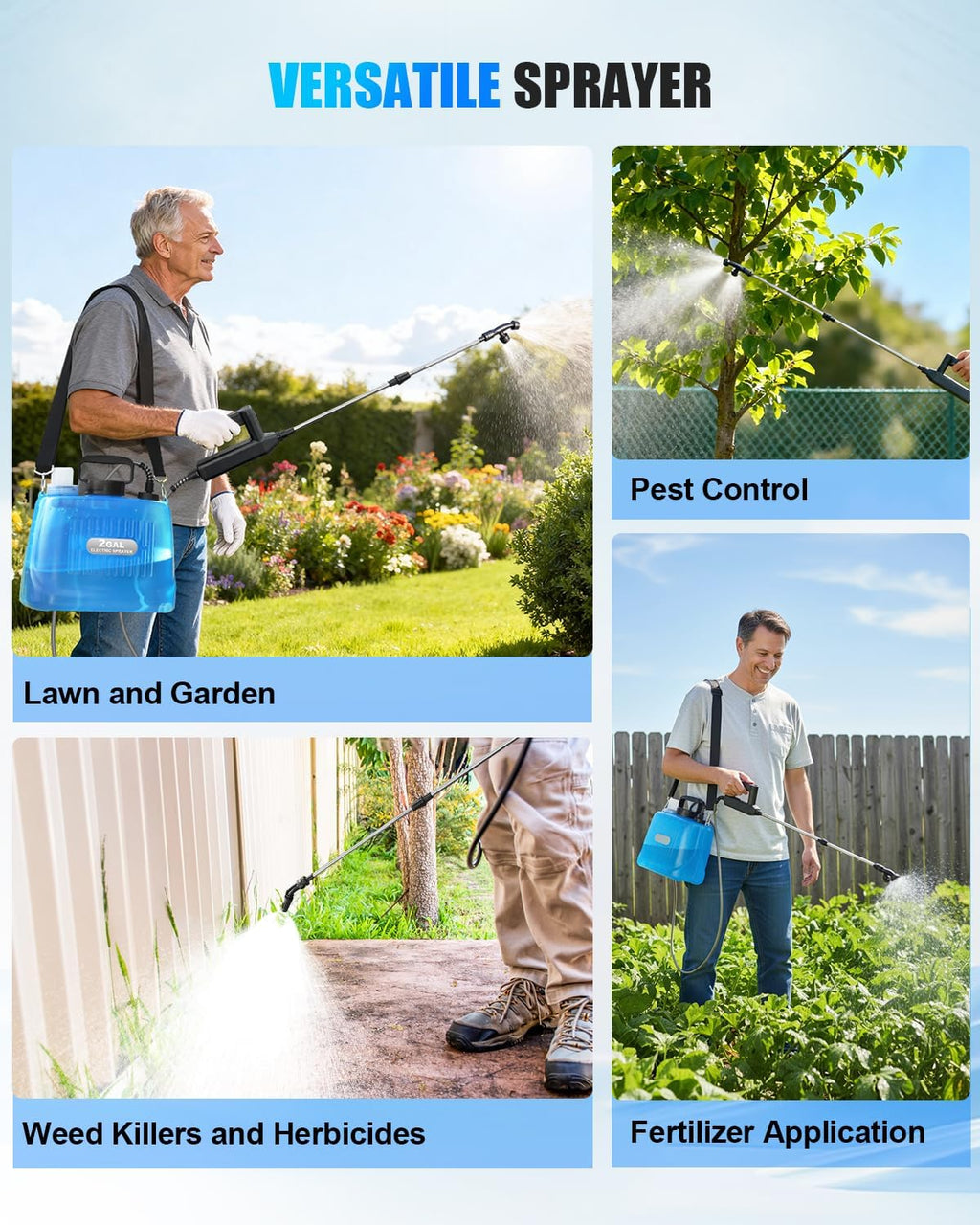 Battery Powered Sprayer 2 Gallon, Electric Weed Sprayer with 3 Adjustable Pressure Levels, 4 Nozzles & Extendable Wand