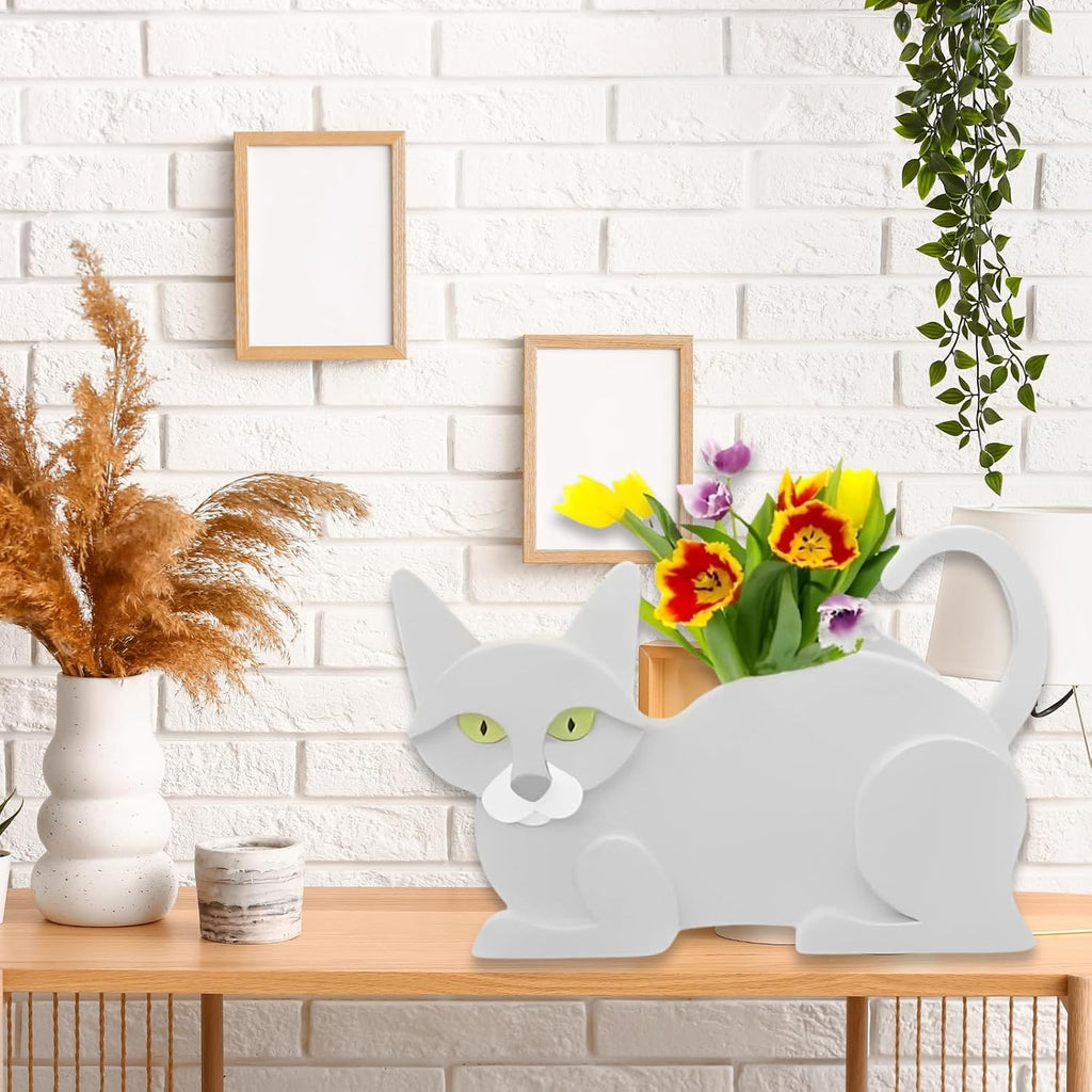 White Cat Planter Pots, Animal Shaped Flower Pot | Cute Plant Gift for Women and Pet Lovers, Indoor Outdoor Garden Home