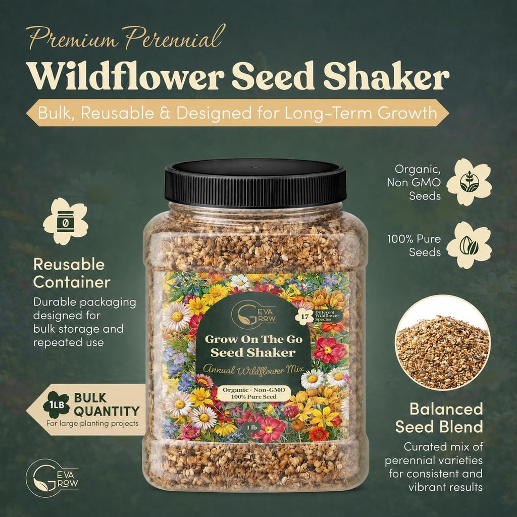 Wildflower Seed Shaker – Annual Mix by GevaGrow | 17 Variety Flower Seeds for Planting in Pots & Outdoor Gardens, Bulk