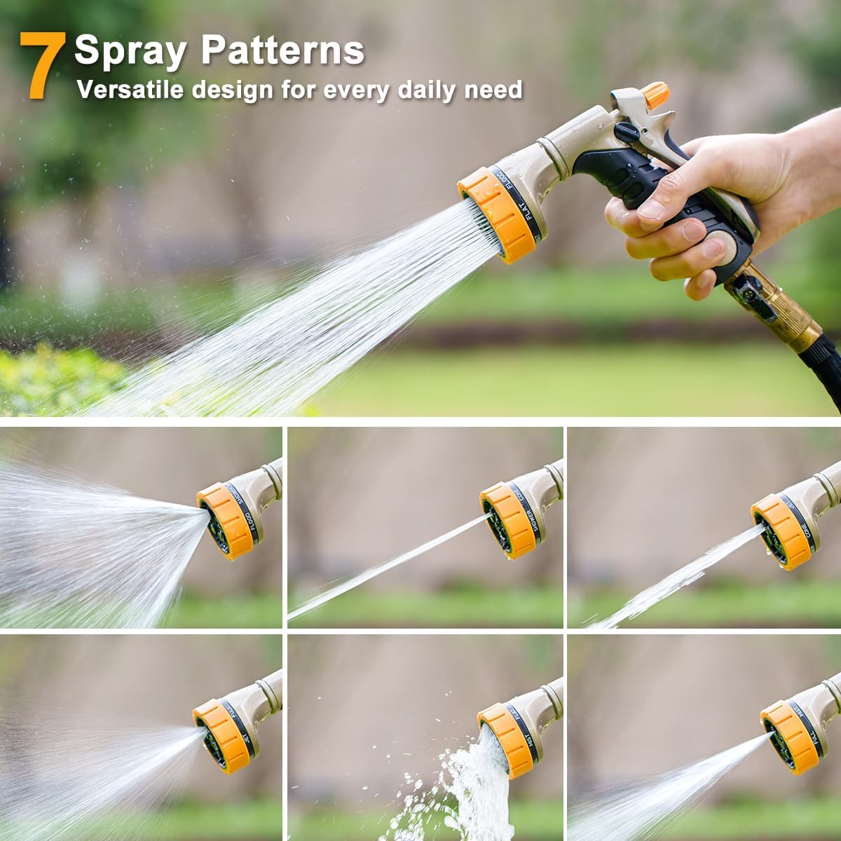 FANHAO Metal Garden Hose Nozzle Heavy Duty, Rear Trigger Water Sprayer | 7 Adjustable Spray Patterns, Flow Control