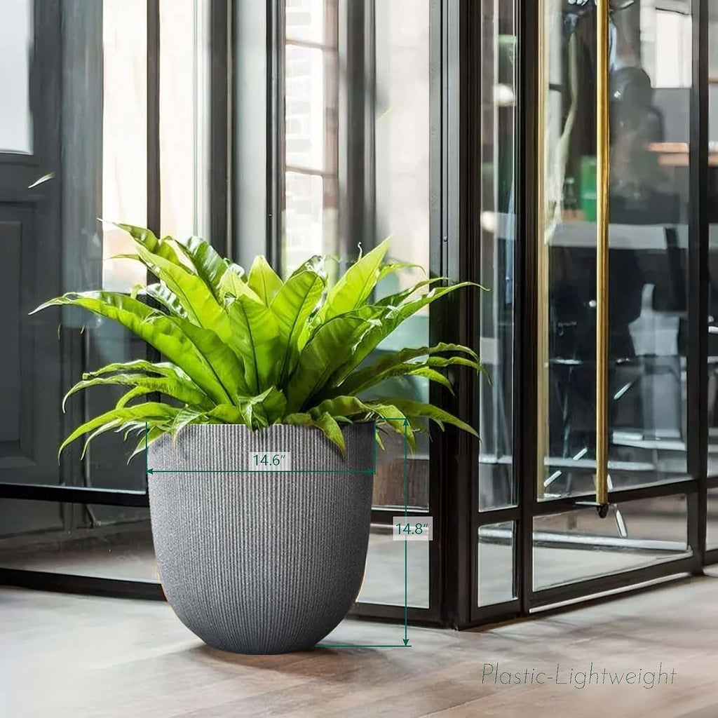14.8"H Tall Tapered Ribbed Large Plastic Planter w/ Drainage Hole & Plug | Durable & Weatherproof, Indoor Outdoor Use