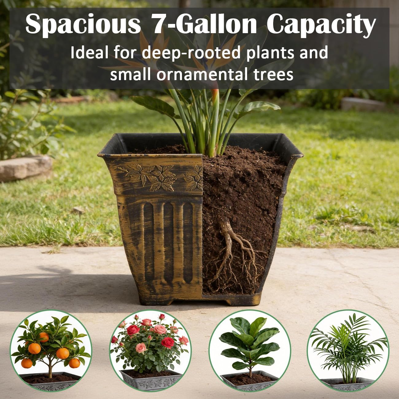 4-Pack 14 Inch Large Square Planters, Embossed Leaf Pattern, Antique Gold | Durable Plastic Plant Pots with Drainage &