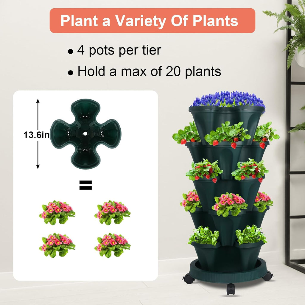 DUNCHATY Stackable Vertical Garden Planter with Wheels, 5 Tier Herb Planter Pots for Growing Vegetables and Succulents