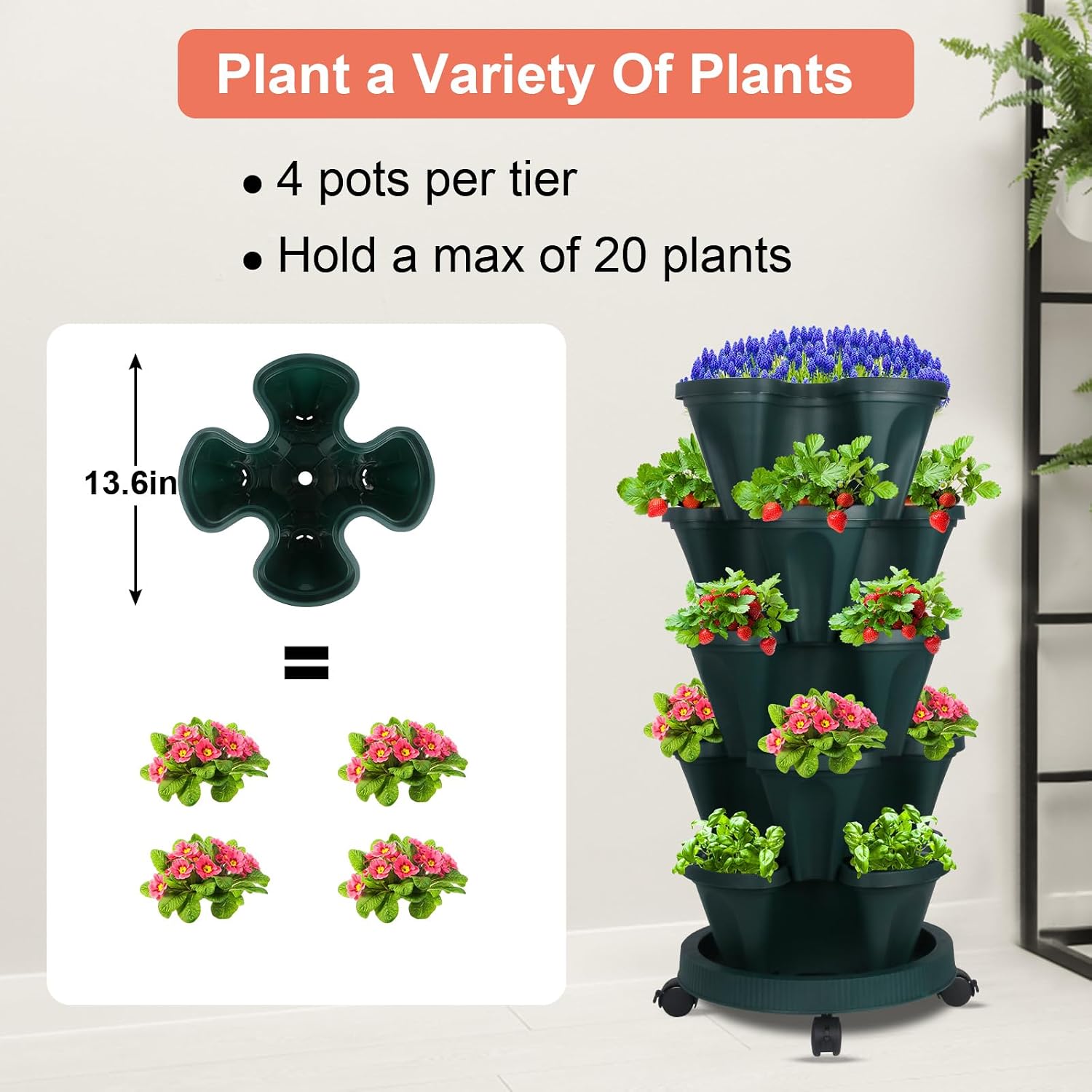 DUNCHATY Stackable Vertical Garden Planter with Wheels, 5 Tier Herb Planter Pots for Growing Vegetables and Succulents