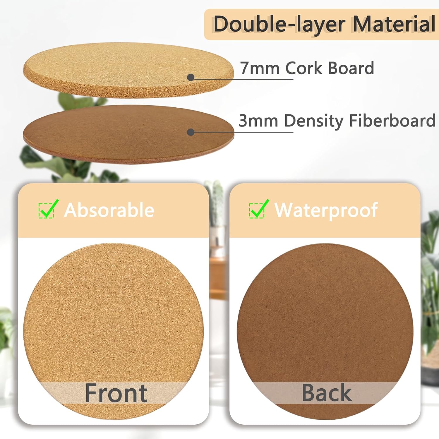14 Inch Large Cork Plant Coasters, Double Layers 10mm Extra Thick Cork Plant Mats, 2 Pcs Plant Coasters for House Plants