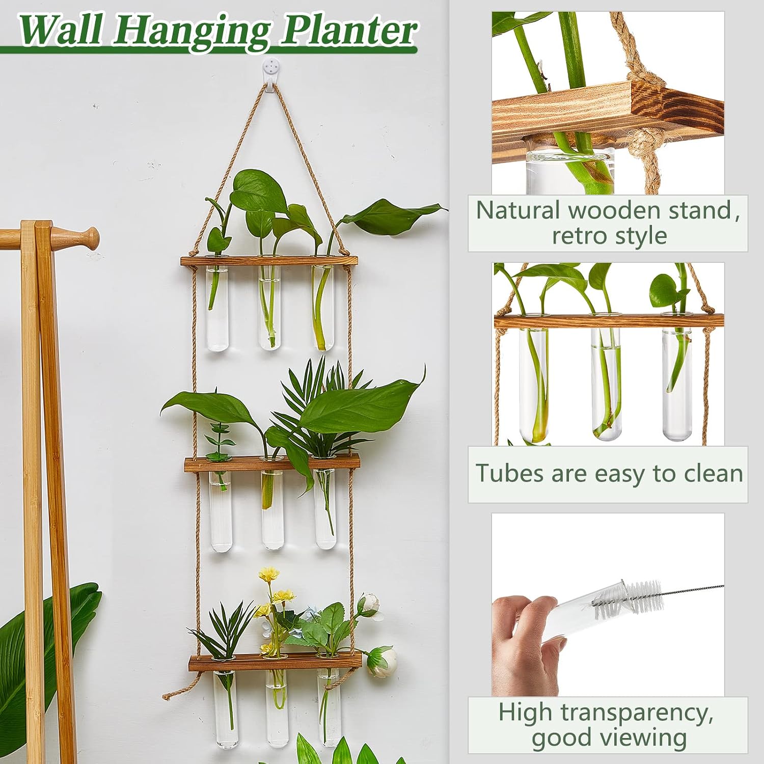 Leumoi 3pcs Hanging Propagation Station, Vertical 18 Glass Test Tubes | 3 Tiered Wooden Racks, Wall Propagation