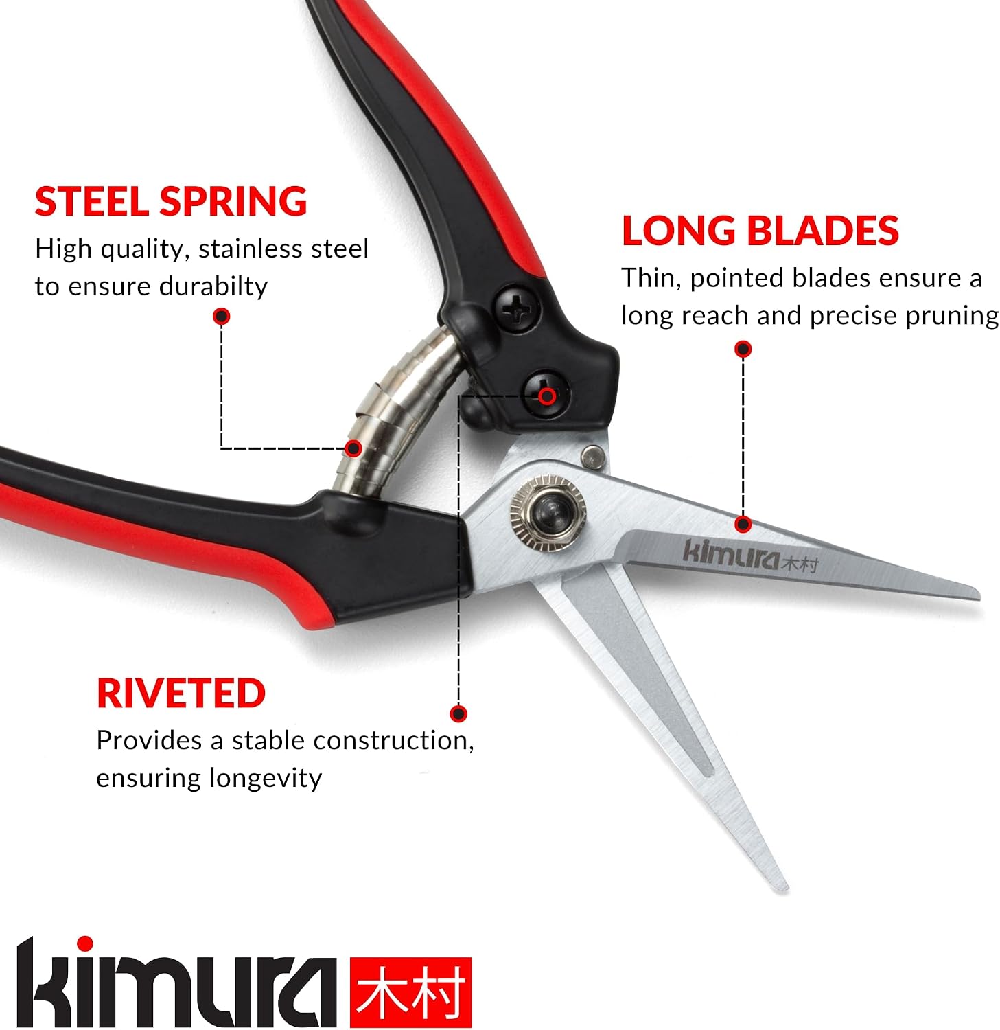 Kimura® 8" Pro Pruning Scissors, Premium Japanese SK5 Hi-Carbon Steel Blades, Non-Slip Vinyl Coated Handles