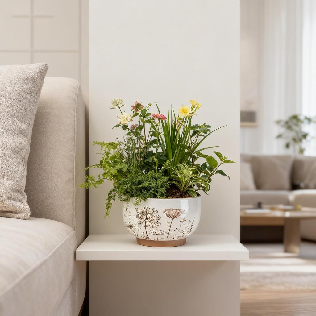 Terracotta Pots, 8+6 Inch Plant Pots, 2 Pcs with Drainage Holes | White & terracotta ceramic planters with botanical