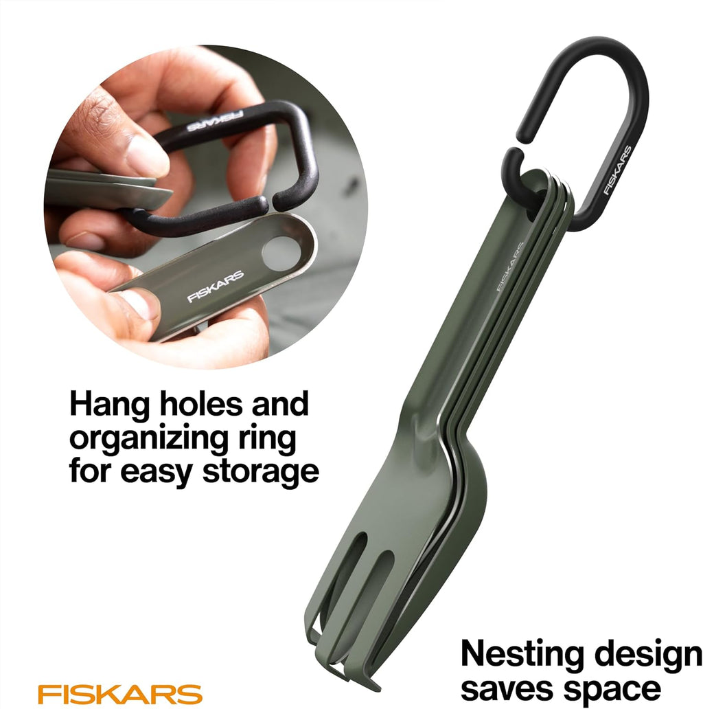 Fiskars 5-Piece House Plant Cultivating Tool Set for Indoor Gardening | Nesting Trowel, Soil Scoop, Cultivator, Tongs &