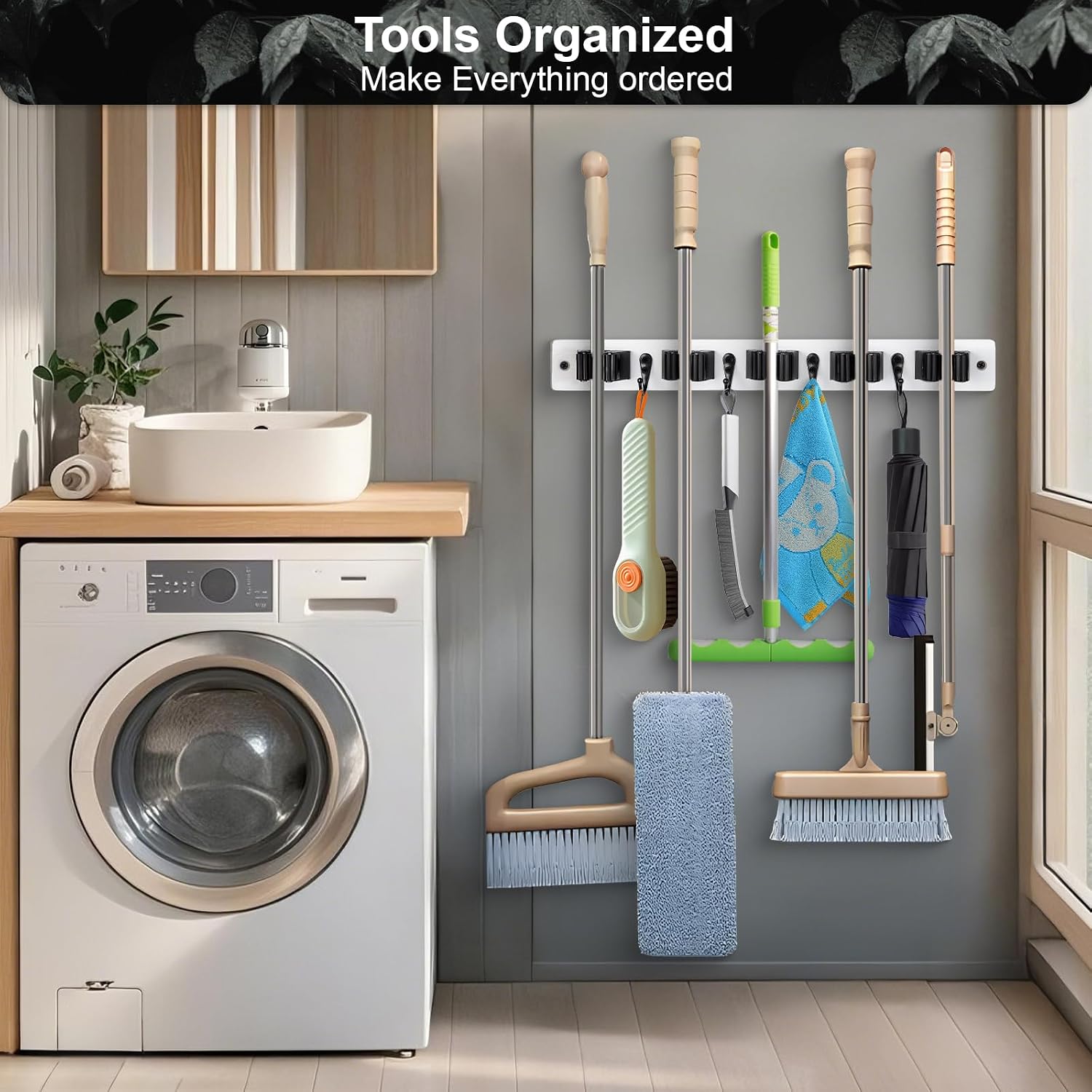 2 Pack Broom Holder Wall Mount With 5 Slots & 4 Hooks，Rustic Wood Broom & Mop Hanger，Wall Mounted Garden & Garage Tool