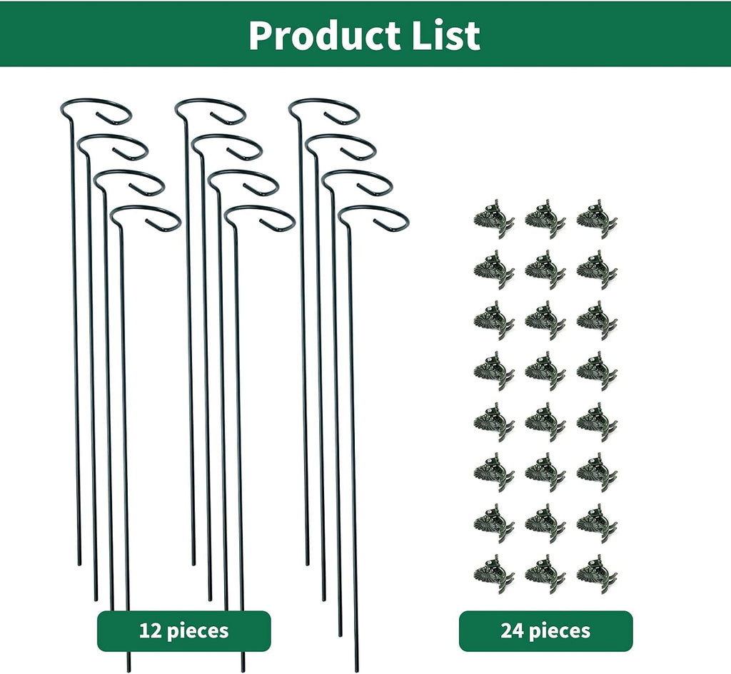 12 Pack Plant Support Stakes with 24 Pcs Plant Clips, Garden Single Stem Support Stake, Plant Cage Support Ring for
