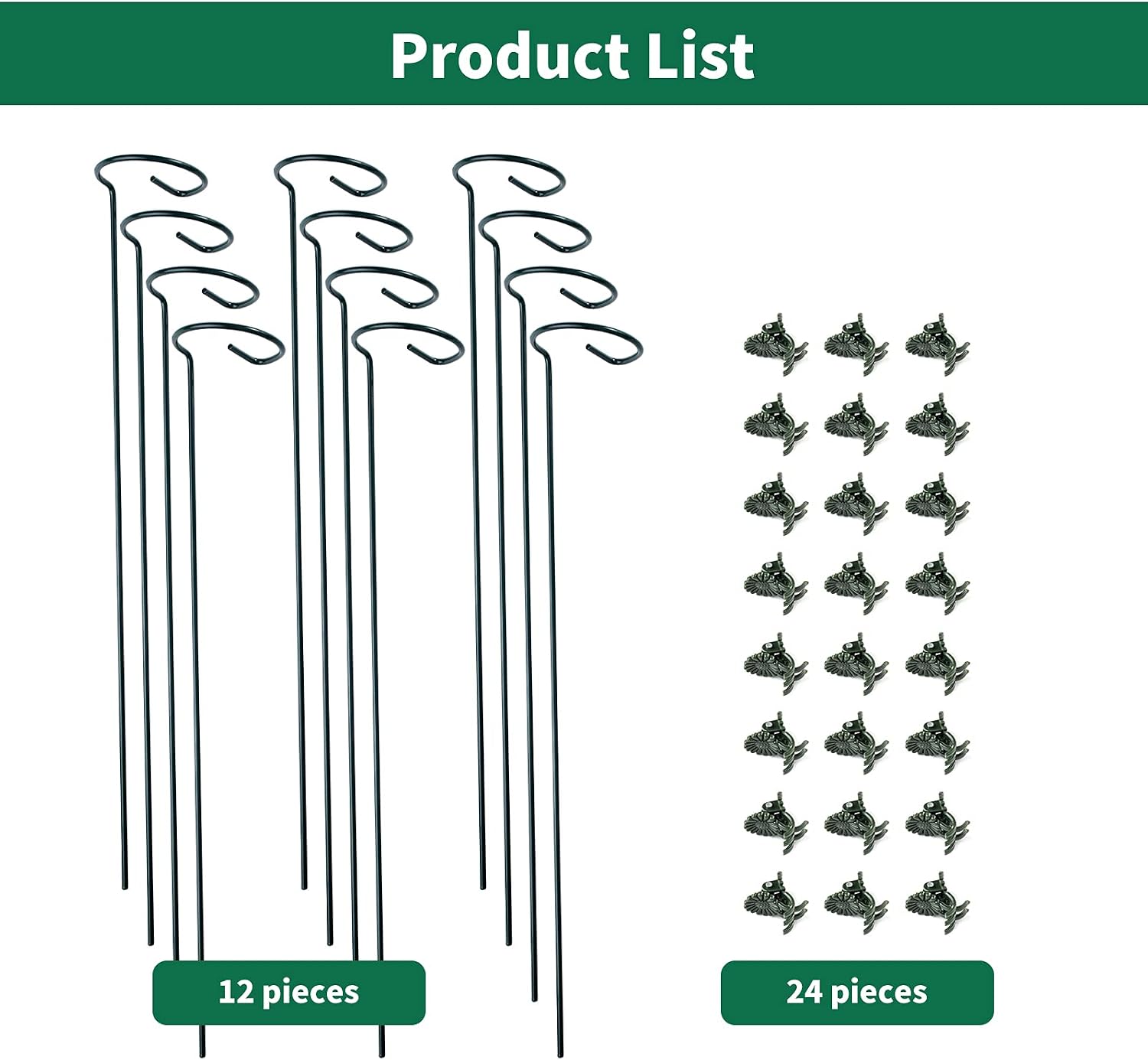 12 Pack Plant Support Stakes with 24 Pcs Plant Clips, Garden Single Stem Support Stake, Plant Cage Support Ring for