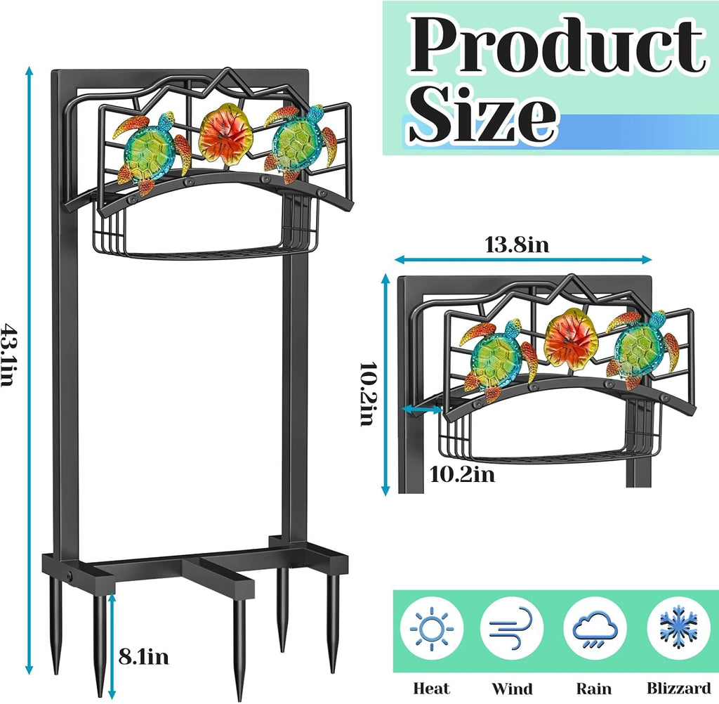 Garden Water Hose Holder 5 Spikes, Freestanding Hose Stand for Outside Yard | Water Hose Reel Stand with Storage Basket