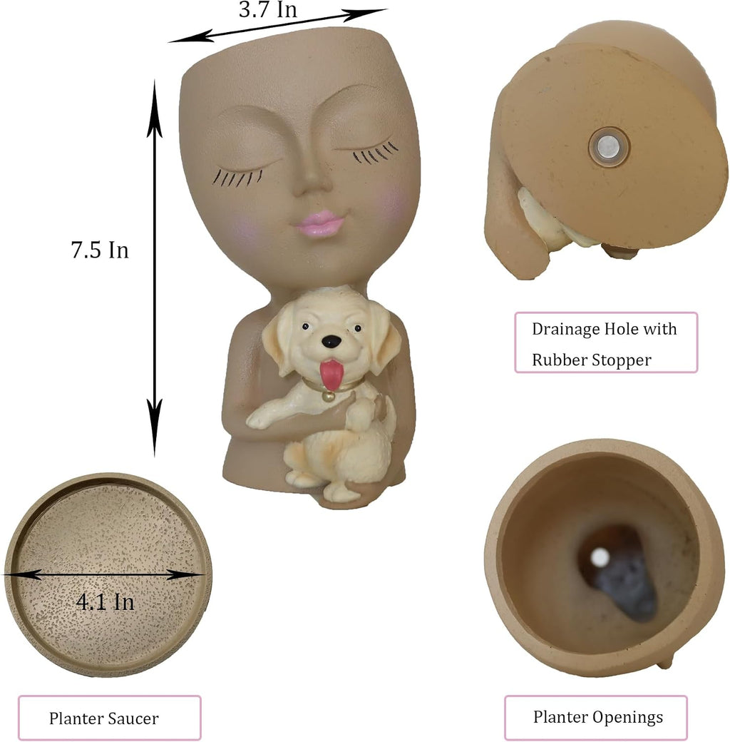 Dolkgy Cute Face Planter with Dog Head Planters Pot for Indoor Outdoor Plants, Succulent Flower Pot with Drainage Tray