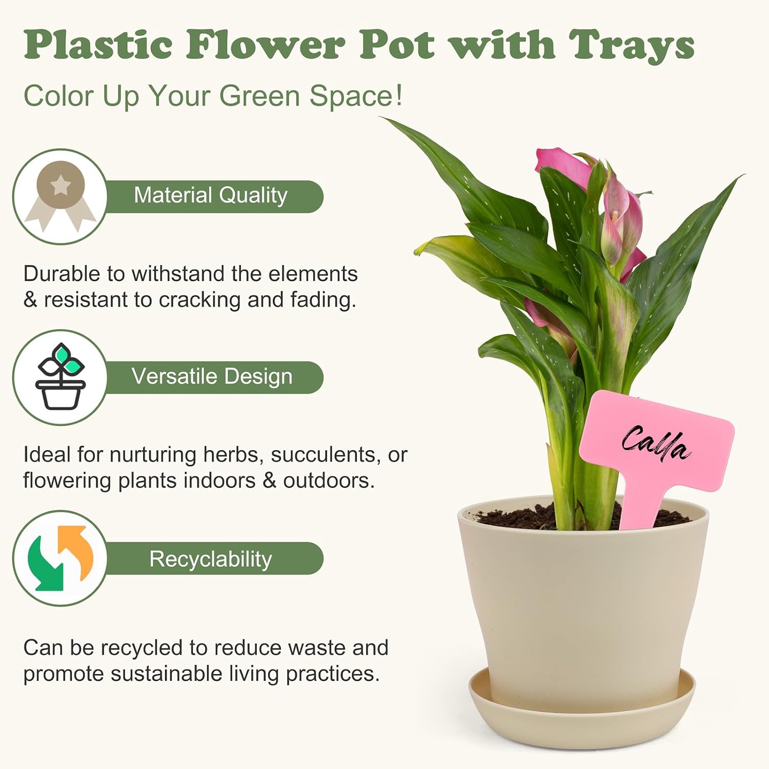 Hahood 60 Pieces Plastic Planters 4 Inch Flower Pot with Trays Labels Multicolor Flower Plant Pots Plants Nursery Pots