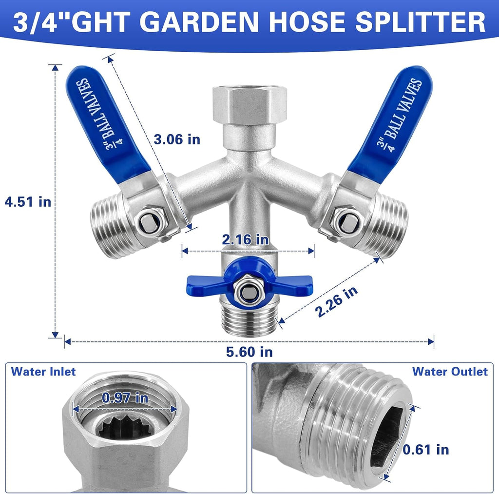 Garden Hose Splitter 3 Way, Heavy Duty 304 Stainless Steel Hose Splitter with Shut-off Valves, Full Flow Garden Water
