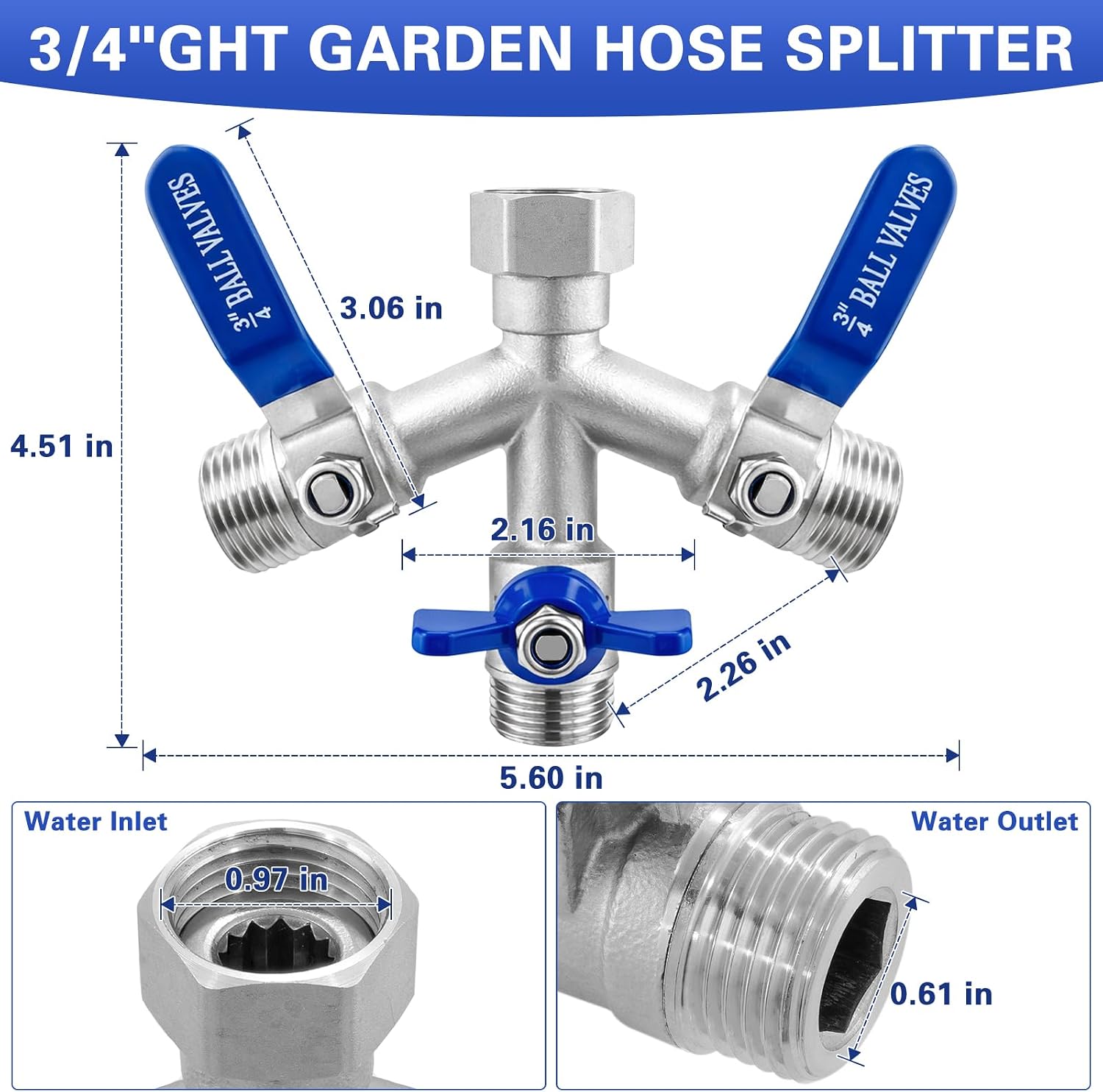 Garden Hose Splitter 3 Way, Heavy Duty 304 Stainless Steel Hose Splitter with Shut-off Valves, Full Flow Garden Water
