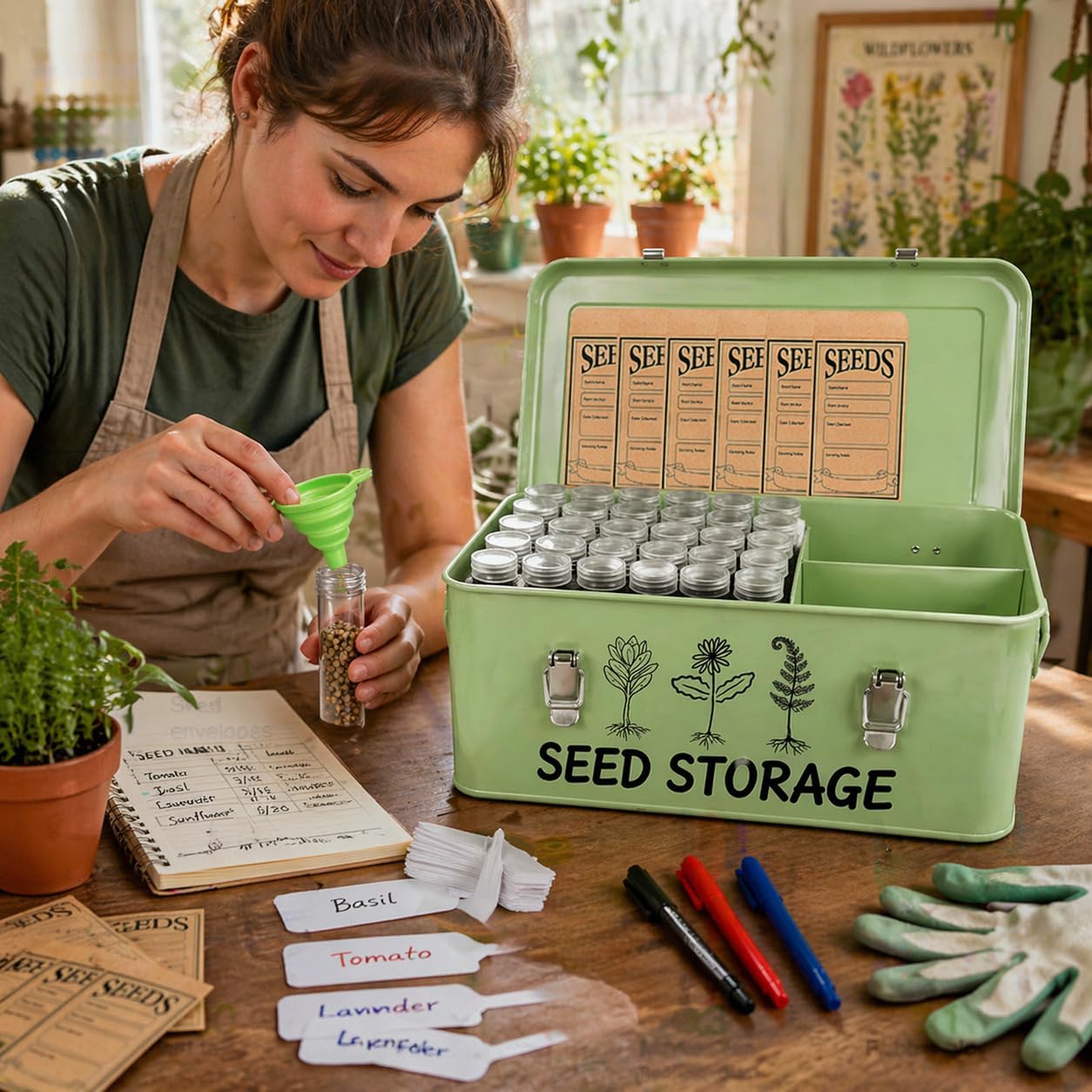 Seed Storage Box – Metal Seed Packet Organizer with Garden String and Bamboo Plant Labels. Seed Container Storage