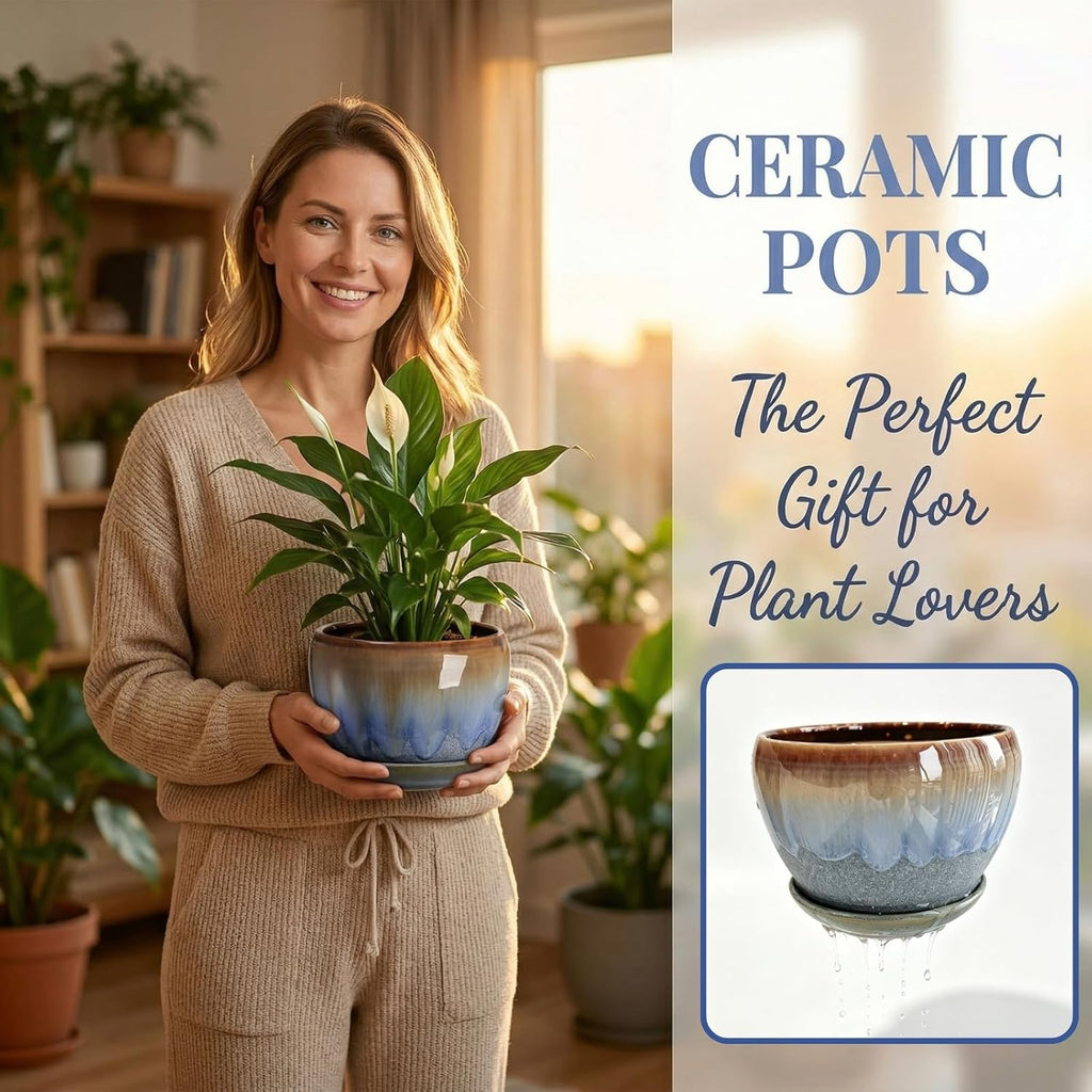 AVLA 3 Pack Ceramic Plant Pots, Gardening Drip Glazed Planters, Decorative Flower Pot with Drainage Hole and Saucer