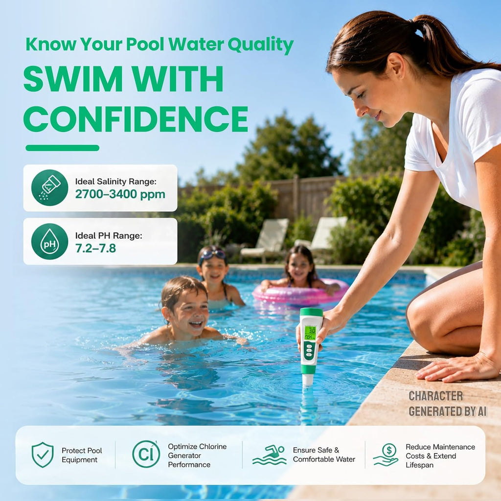 Salt Tester for Saltwater Pool & PH Meter, High Accuracy Pool Salt Tester, 5 in 1 Salinity PH Temp EC TDS Meter for