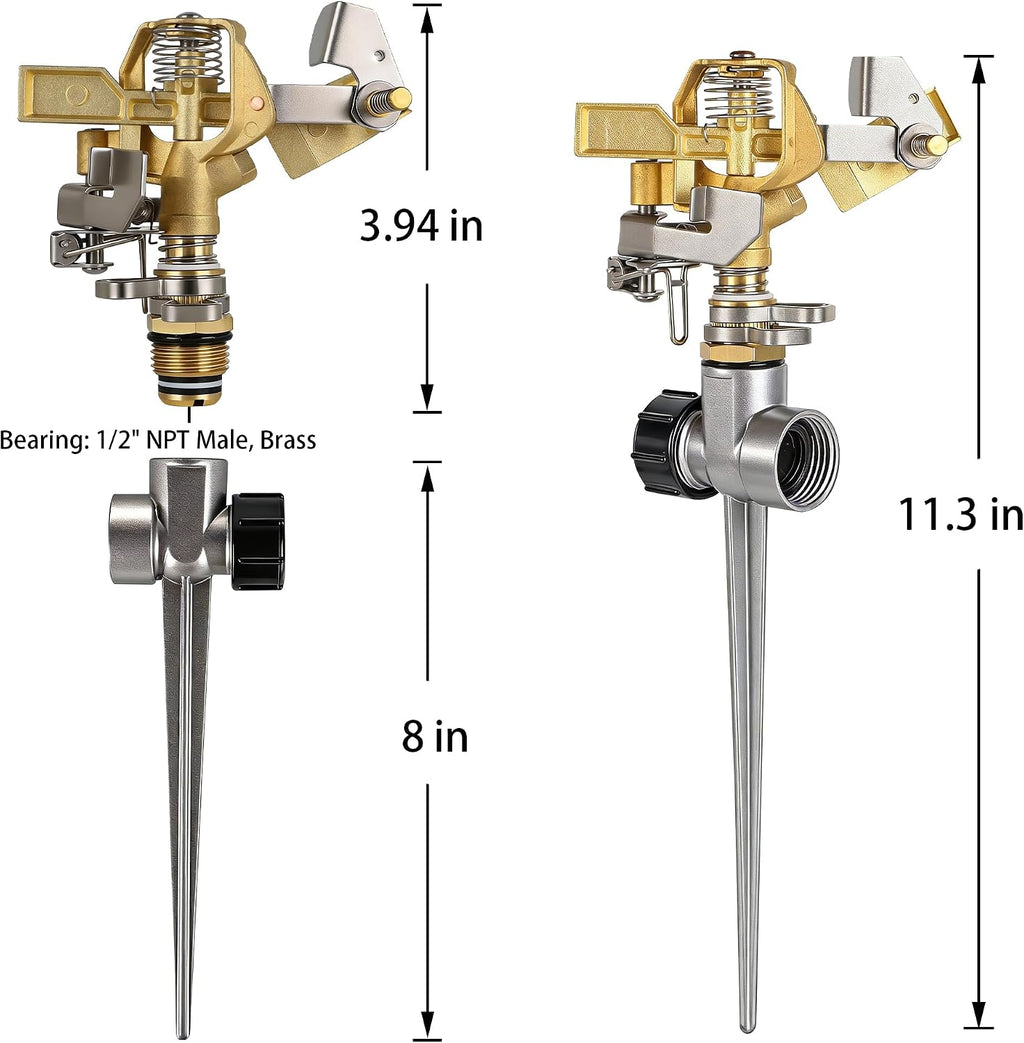 Triumpeek 2 Packs Impact Sprinkler, Brass Head, Aluminum Alloy Stand | On Spike Base, Heavy Duty, Adjustable 360