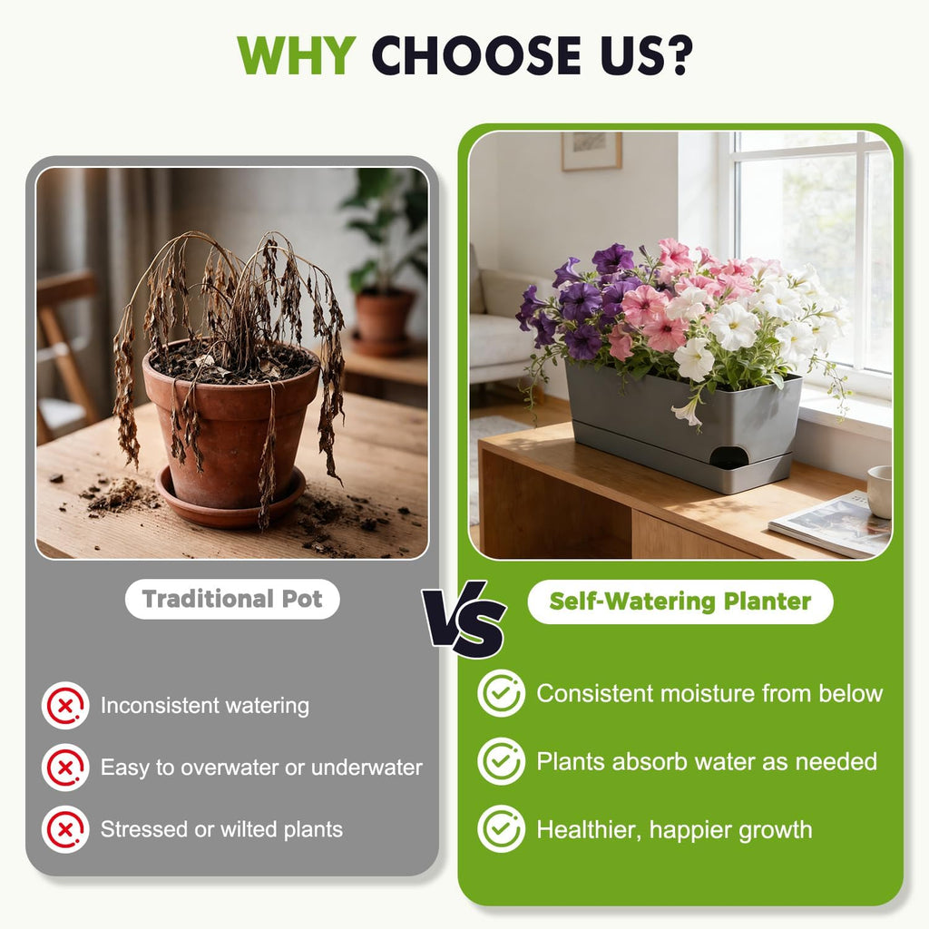 2 Pack Rectangle Self Watering Pots for Indoor Plants 17 Inches Window Boxes Planters Rectangular Flower Pots Herb