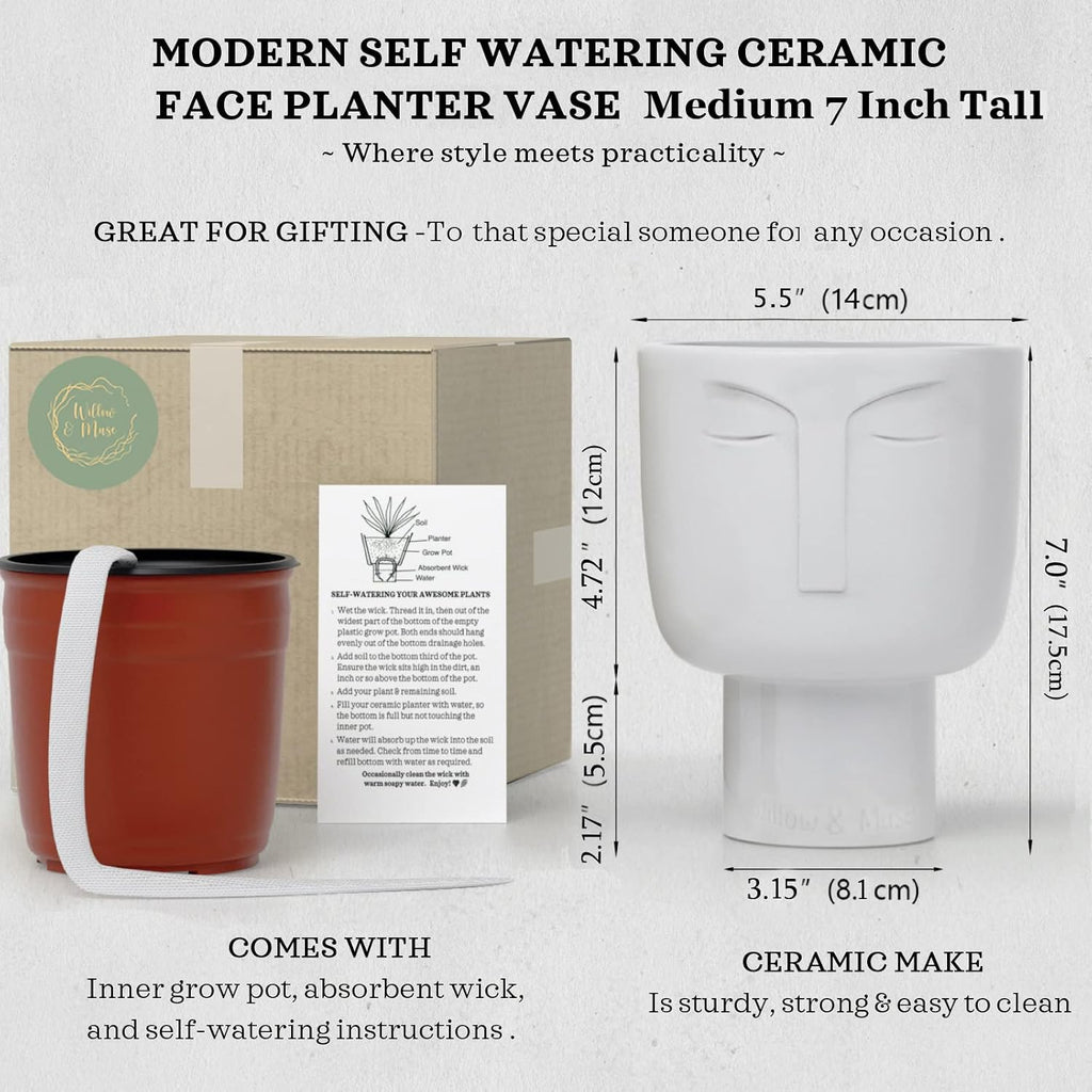 Planters for Indoor Plants - Tall 7 Inch Ceramic Self Watering Pots Matte White Plant Pot with Drainage & Inner Pot