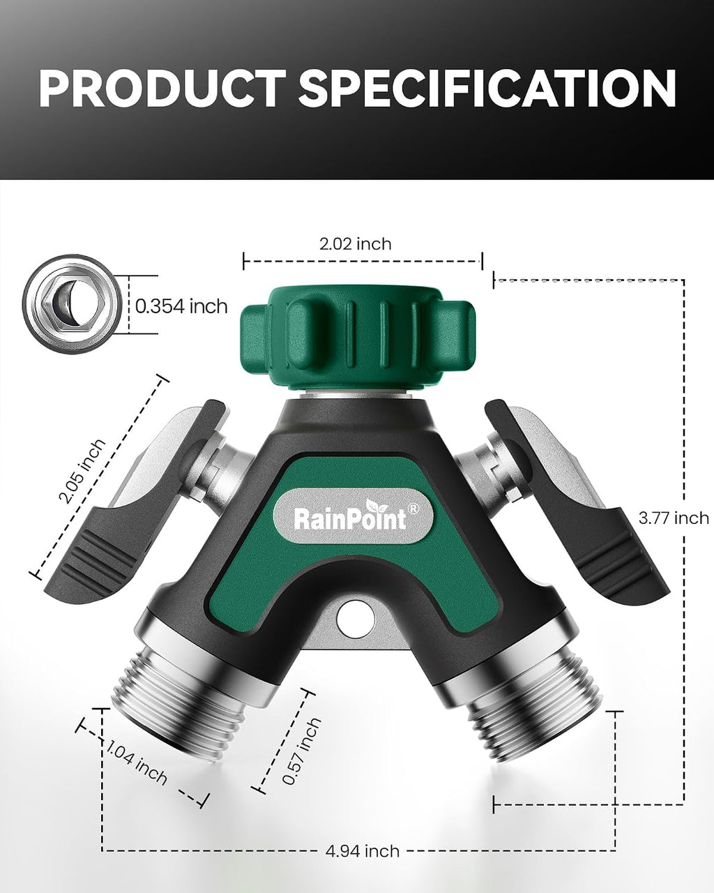 RAINPOINT Garden Hose Splitter 2 Way, All Metal Heavy Duty Water Hose Y Splitter With 2.05" Extra Long Side Handle &