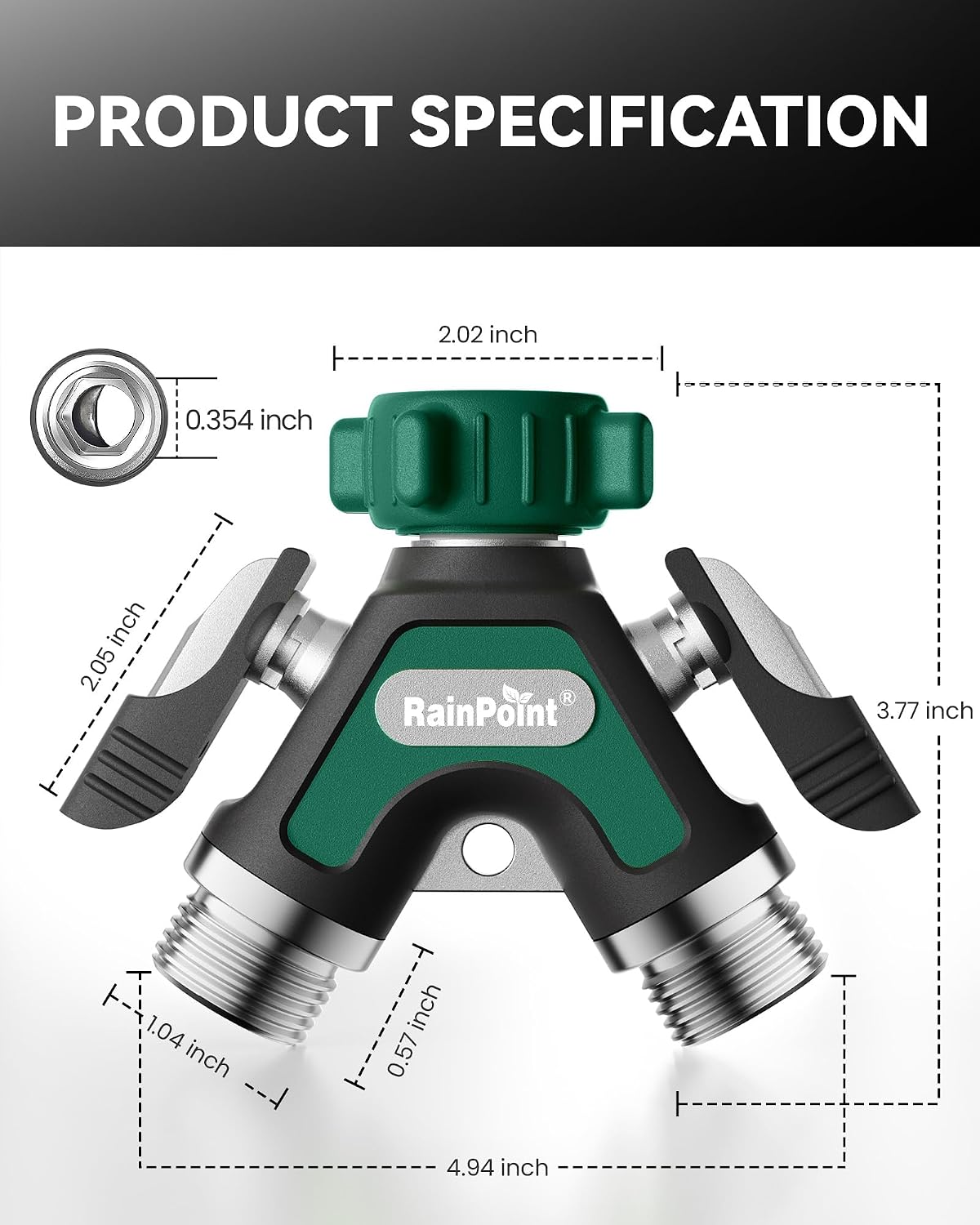 RAINPOINT Garden Hose Splitter 2 Way, All Metal Heavy Duty Water Hose Y Splitter With 2.05" Extra Long Side Handle &
