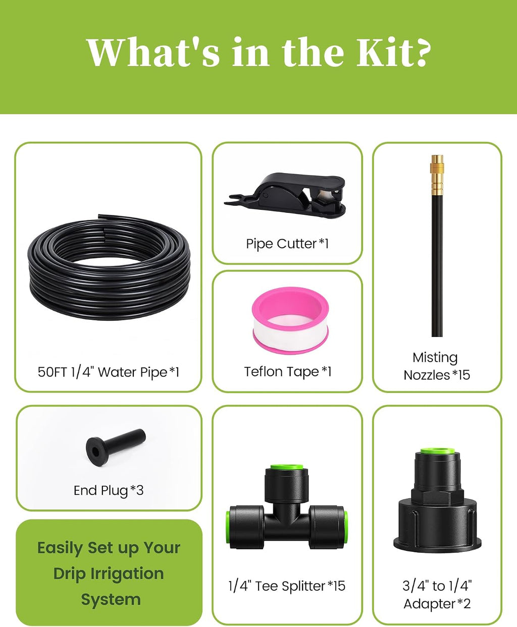 RAINPOINT 50FT Drip Irrigation System, Garden Watering Kit with 15pcs 360°Adjustable Copper Nozzles, Automatic