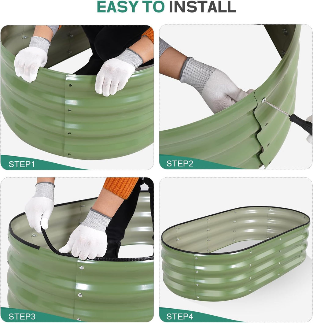 Galvanized Raised Garden Bed Outdoor, 4x2x1ft, Olive Green | Outdoor Oval Metal Garden Planter Box, Bottomless, Safety