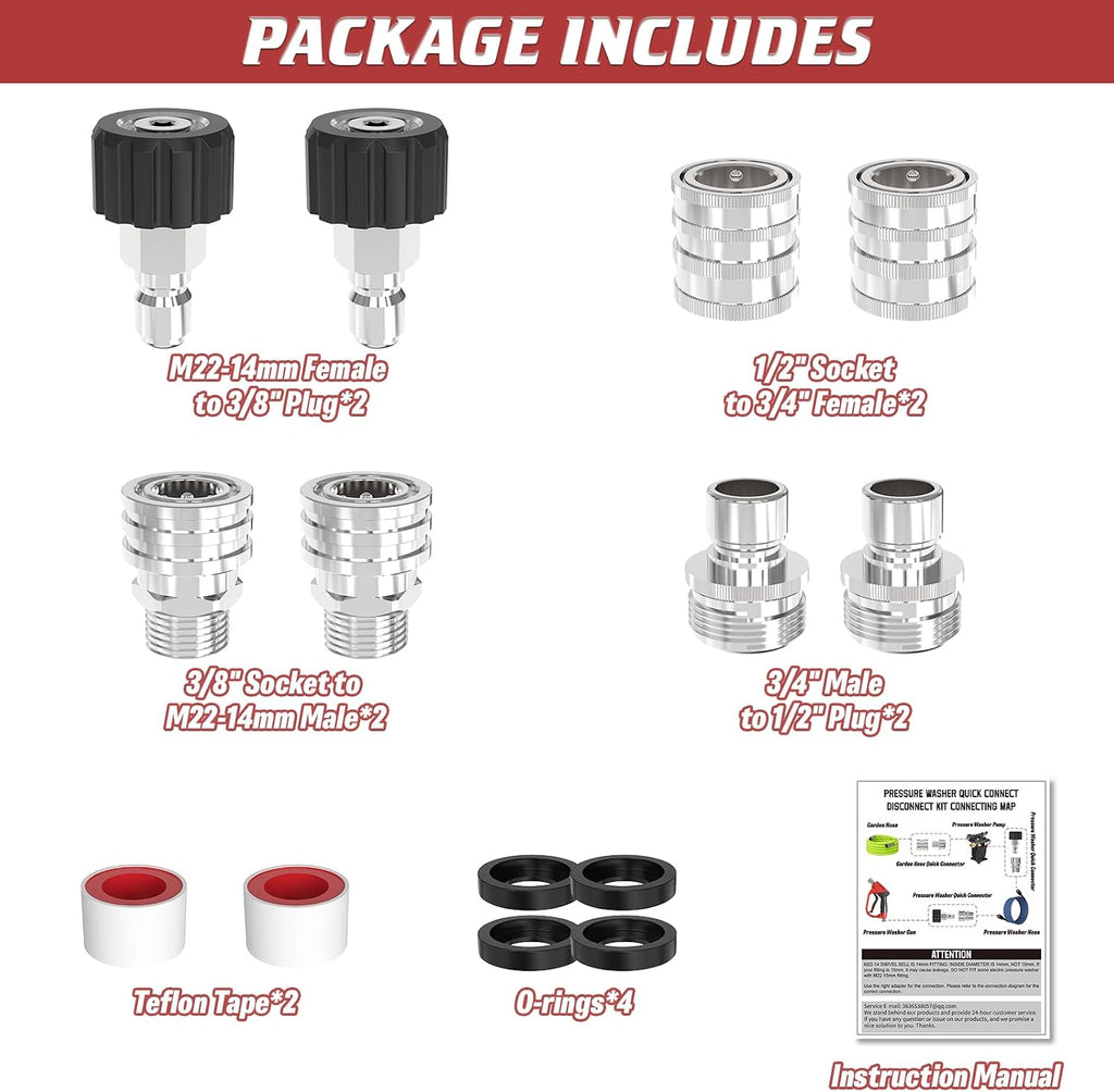3/8" Pressure Washer Quick Connect Kit, M22-14mm Swivel Fitting | 3/8" Adapter Set, Stainless Steel 3/4" to M22 to 3/8"