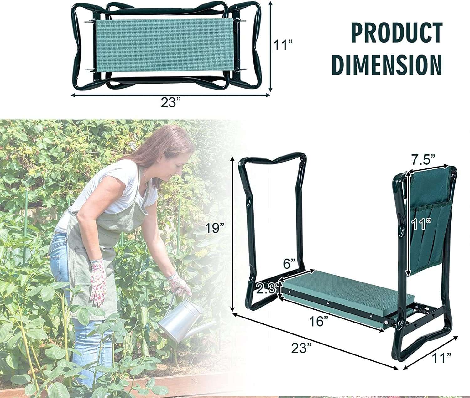 2-in-1 Garden Kneeler & Seat, Folding Seat w/EVA Foam Kneeling Pad & Removable Tools Pouch, Sturdy Steel Frame, No